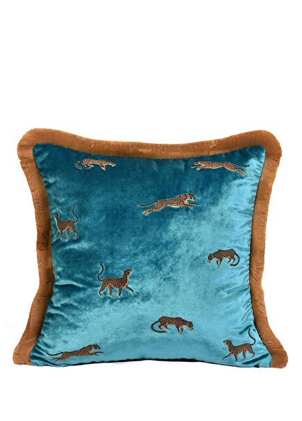 Dekoratif Leopar Desenli Turkuaz Kadife Kırlent Kılıfı 45 x 45 cm