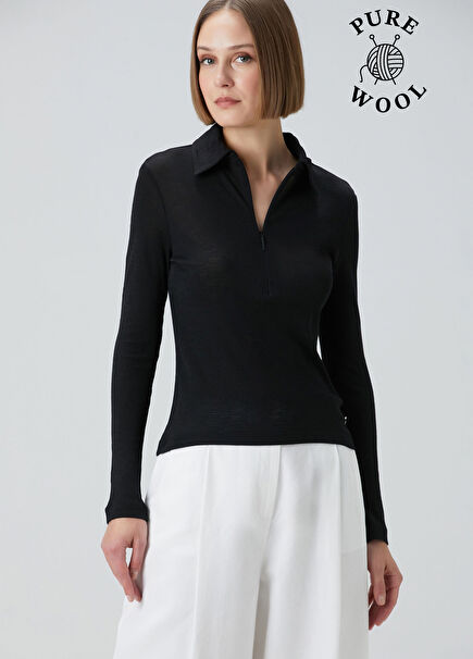 Siyah Uzun Kol Yün Polo T-shirt