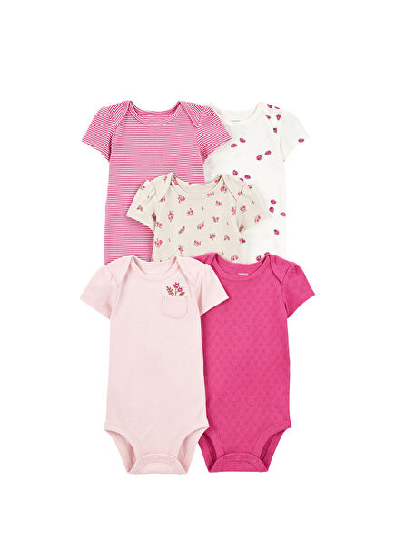 Pembe Pamuklu Çıtçıtlı Kısa Kollu Kız Bebek 5'li Body Seti