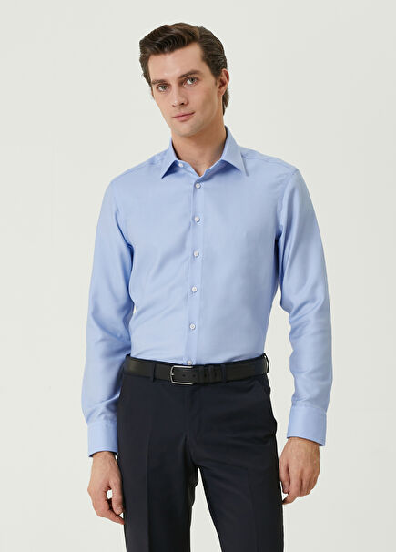 Comfort Fit Mavi Armürlü Non-iron Gömlek