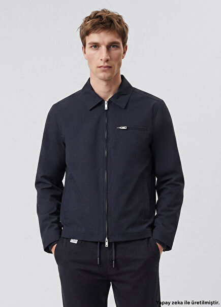 Navy Blue Rib Cuff Detailed Jacket