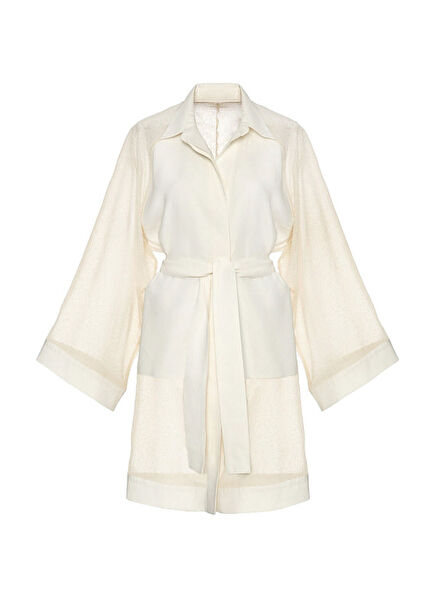 Golden Yellow Glossy Sparkle Detailed Woven Ecru White Shirt Kimono