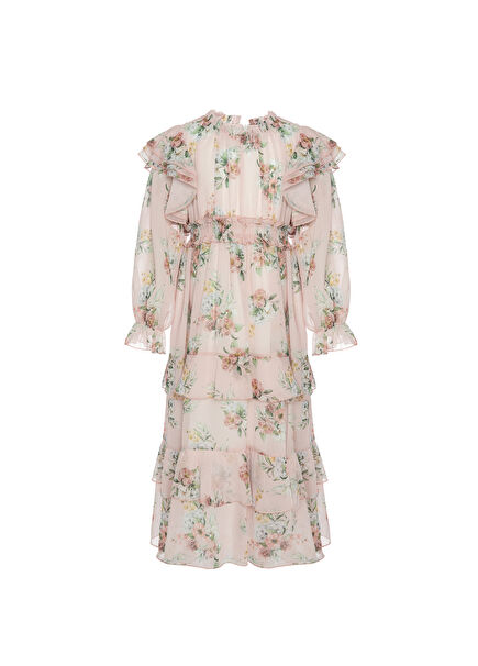 Pembe Uzun Katlı Çiçekli Şifon Kız Çocuk Elbise