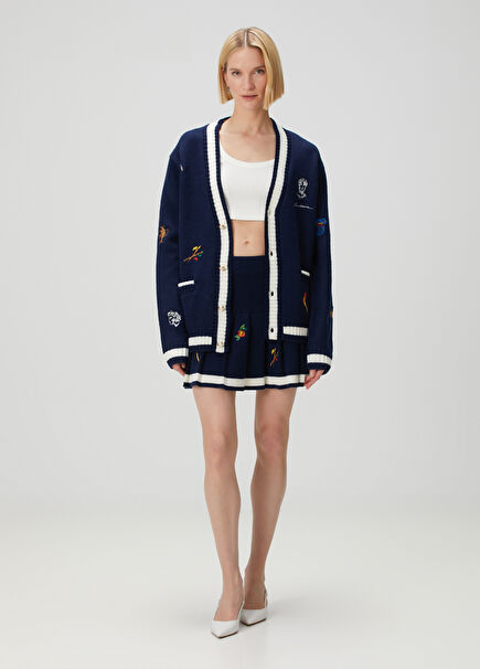 Navy Blue Pleated Mini Wool Skirt