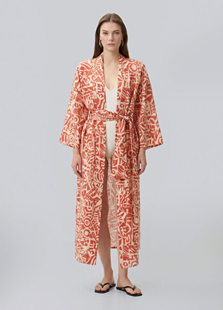 Kiremit Desenli Keten Kaftan