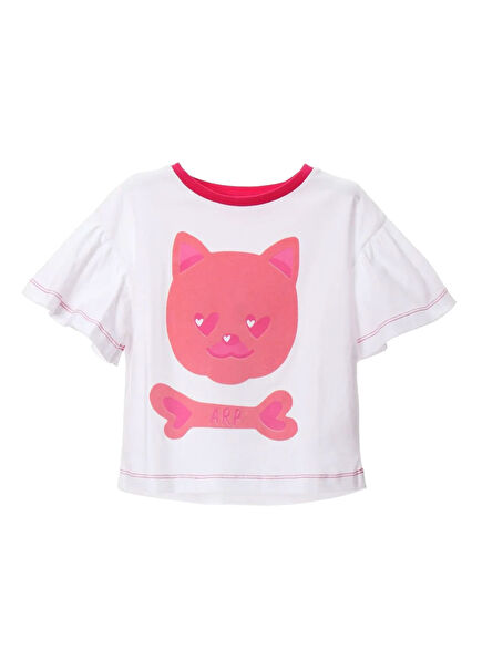 Rarotongo Beyaz Kedi Baskılı Kız Çocuk T-shirt