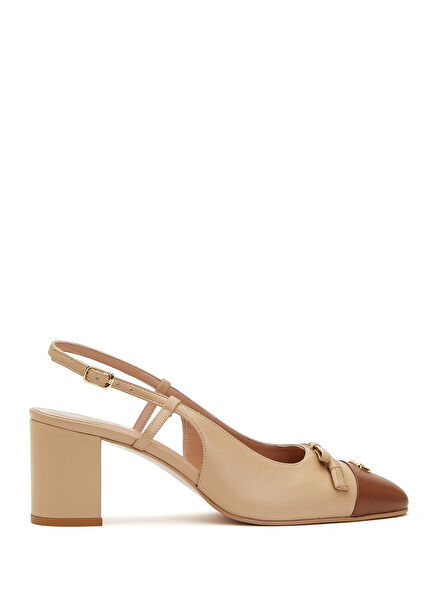 Beige Thick Heeled Women's Leather Shoes