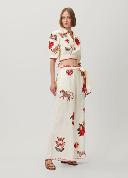 Ecru Embroidered Linen Beach Trousers