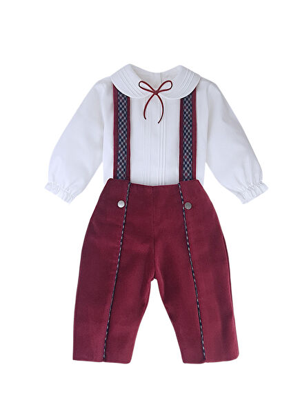Bordo Kadife Nervürlü Gömlekli Salopet Erkek Bebek 2'li Set
