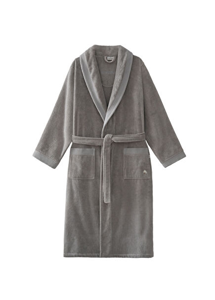 Pure Cotton %100 Organik Pamuk Nakışlı Gri Erkek Bornoz
