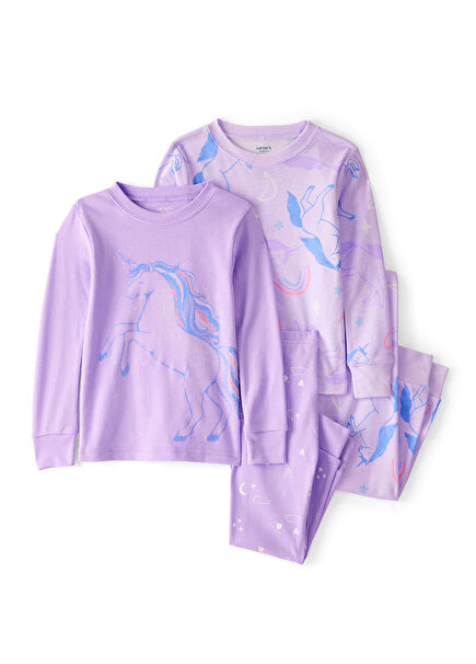 Desenli Lila Kız Çocuk 4'lü Pijama Takımı