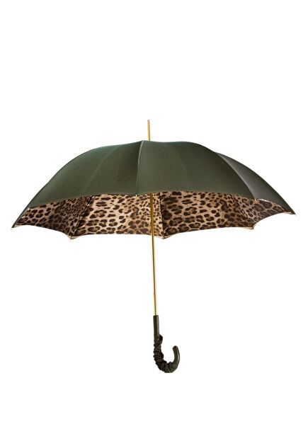 Zeytin Yeşili Leopar Desenli Büzgülü Deri Saplı Şemsiye