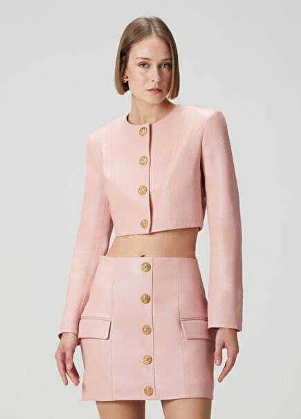 Pembe Crop Deri Ceket