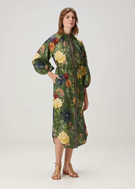 Avery Green Floral Midi Linen Dress