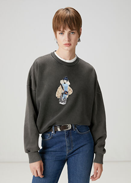 Antrasit Figür Nakışlı Sweatshirt