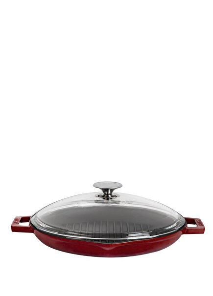 Burgundy Cast Iron Glass Lid Monolithic Double Handle Round Grill Pan 30 cm