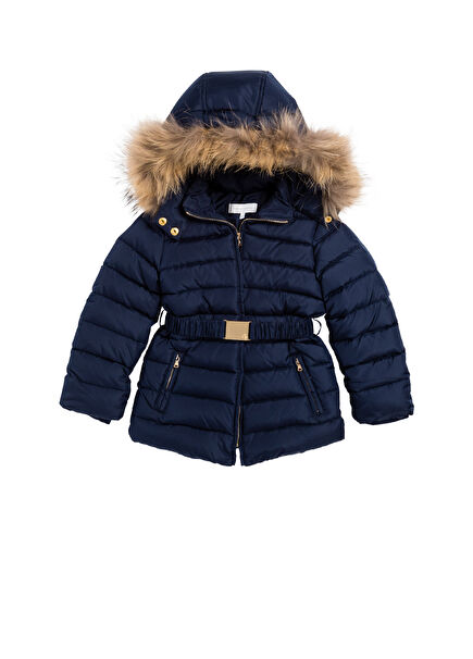 Lacivert Kapüşonlu Kemerli Kız Çocuk Mont