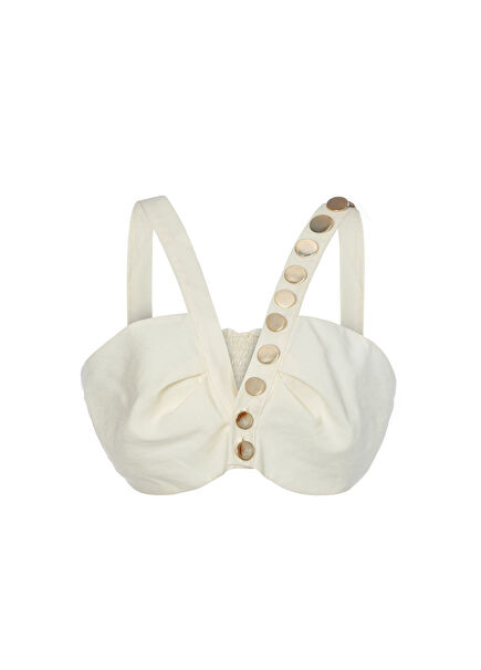 Altın Sarısı Düğme Detaylı Ekru Keten Crop Büstiyer