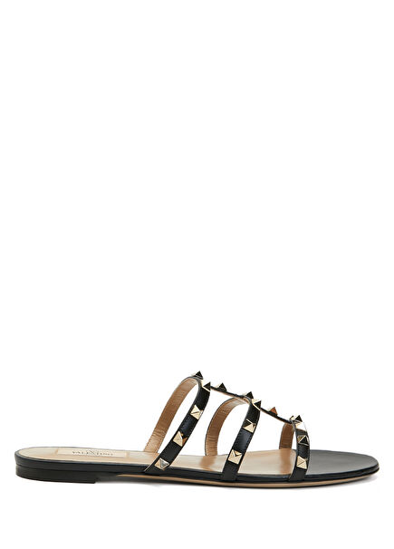 Rockstud Black Womens Leather Slippers