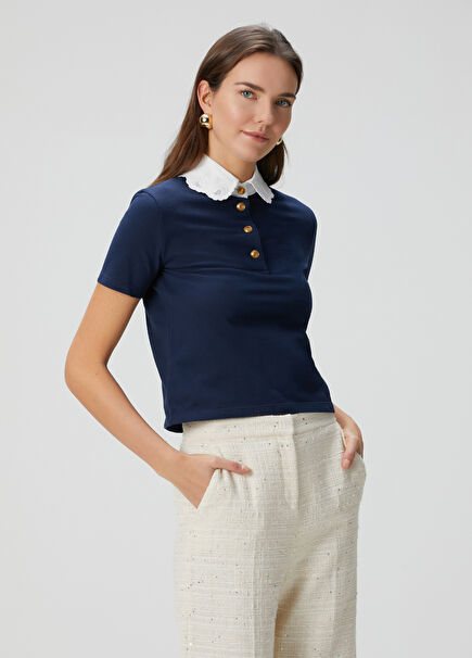 Navy Blue White Embroidered Polo T-Shirt
