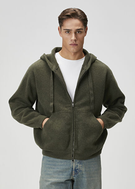 Haki Kapüşonlu Yün Triko Hırka