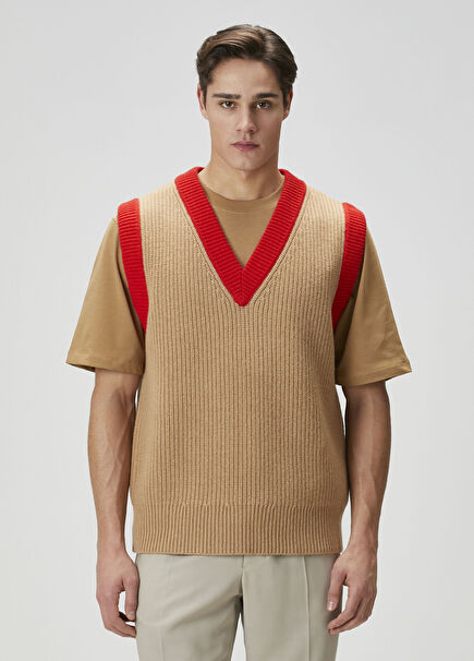 Tan Contrast Ribbed Wool Vest