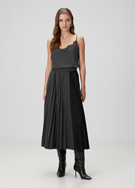 Antrasit Garni Detaylı Midi Etek