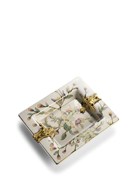Flowers Green Flower Patterned Gold Detailed Ceramic 2-Piece Cigar Ashtray