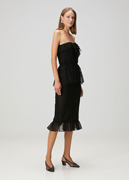 Siyah Dantel Midi Kokteyl Elbise