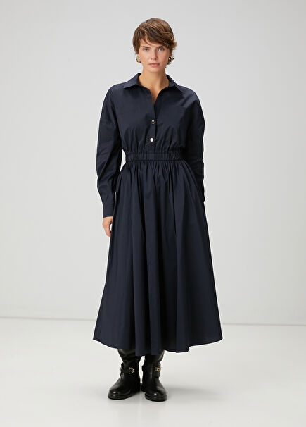 Dark Navy Midi Taffeta Shirt Dress