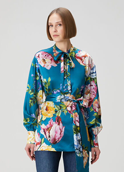 Mavi Çiçek Baskılı İpek Bluz