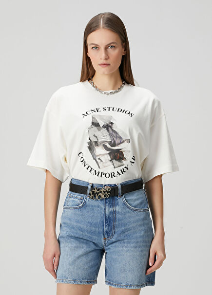 Relaxed Fit Kırık Beyaz Baskılı T-shirt