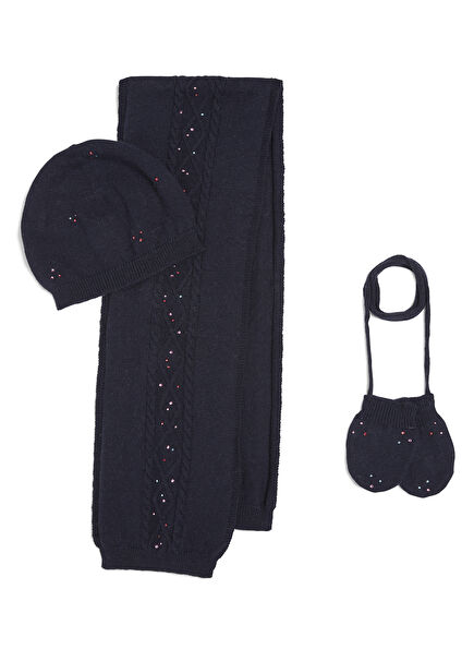 Navy Blue Stone Embroidered Baby Girl Beanie & Scarf & Gloves Set of 3