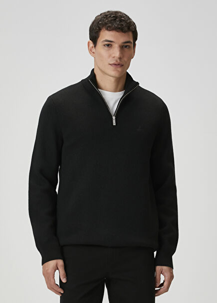 Black Collar Zipper Wool Sweater