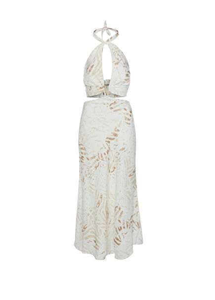 Cut-Out Boyundan Bağlamalı Keten Karışımlı Maksi Elbise