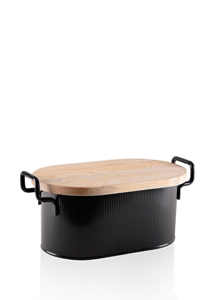 Stripe Siyah Metal Ahşap Kapaklı Ekmek Kutusu 40 x 22 cm