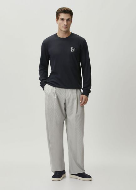 Grey Stripe Pattern Double Pleated Wool Trousers