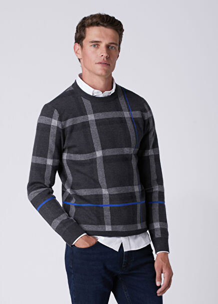 Anthracite Plaid Patterned Sax Striped Sweater