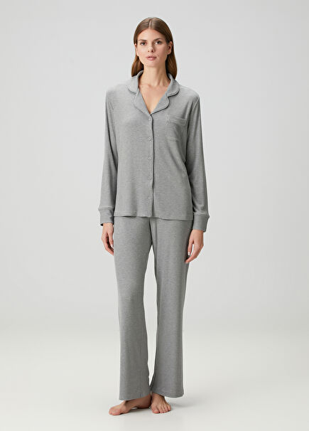 Gri Ribli Pijama Takımı