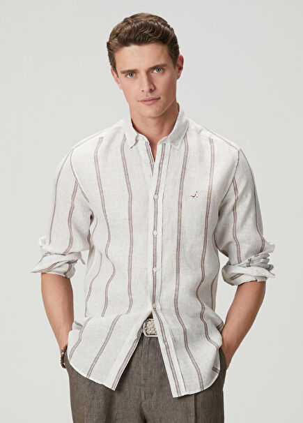 Cream Brown Striped Linen Shirt