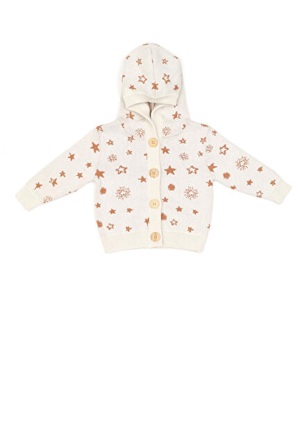 Krem Rengi Yıldız Desenli Kapüşonlu Unisex Çocuk Hırka