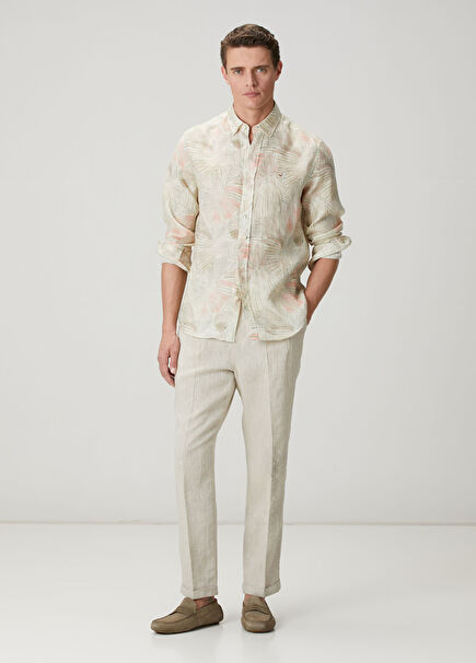 Bej Keten Karışımlı Çift Pilili Pantolon