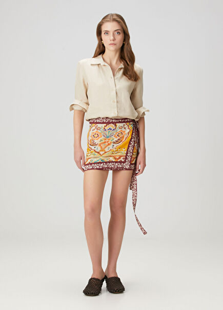 Sarı Şal Desenli Mini Anvelop Etek