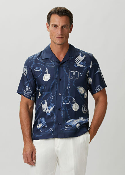 Navy Blue Patterned Silk Shirt