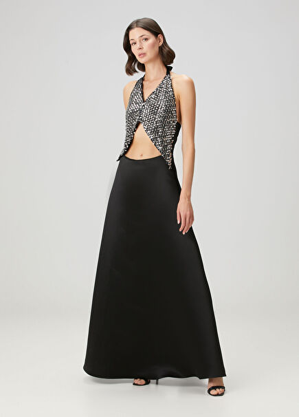 Heidi Siyah İşlemeli Maksi Abiye Elbise