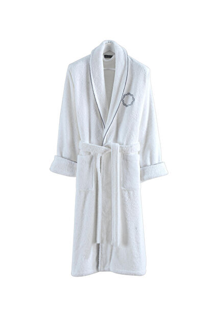 Lombardia Beyaz Pamuklu Nakışlı Unisex Bukle Bornoz