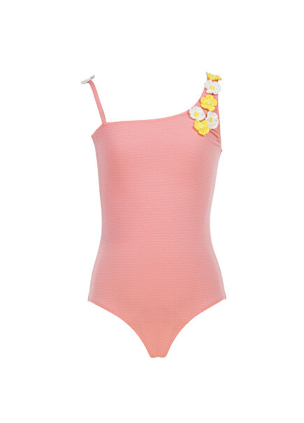 Textured Crochet Floral Detailed Salmon Girl's Swimsuit