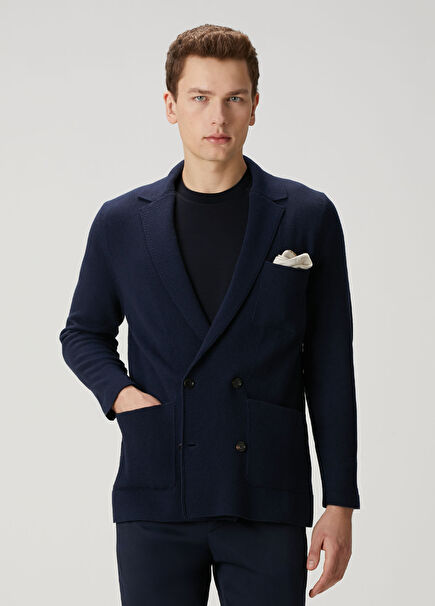 Navy Blue Double-Breasted Knit Jacket