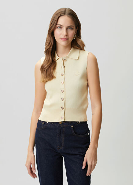 Cream Embossed Logo Knit Cardigan