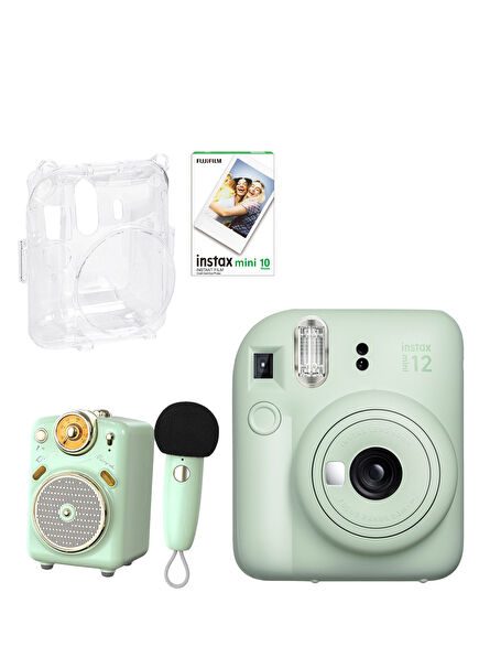 Instax Mini 12 Yeşil Fotoğraf Makinesi + 10'lu Film Şeffaf Kılıf ve Divoom Fairy OK Yeşil Karaoke Mikrofonlu FM Radyolu Bluetooth Hoparlör Seti